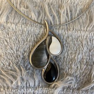 Lia Sophia 3-Teardrop Silver Statement Necklace (Black, White, Gray Stones)